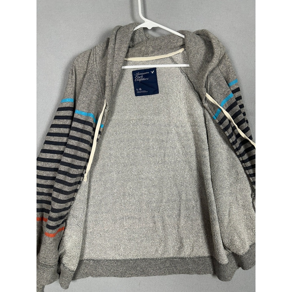 American Eagle Hoodie Womens Large Full Zip Grey Striped Jacket Raglan Sleeve